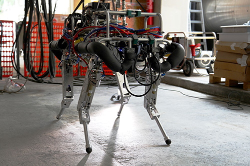 The HyQ or Hydraulically actuated Quadruped robot helps humans during search and rescue operations. Moog developed the Highly Integrated Smart Actuator, which is integrated into the legs of the robot, to aid it in navigating rough and uneven terrain.