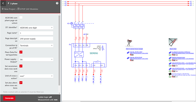 Subfunctions, as shown here with the example of a 24V power supply, can easily be configured using Eplan eBuild.