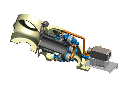 Cutaway view of the nacelle shows gearing, pumps and hydraulic motors connected to the electric generators on the right.