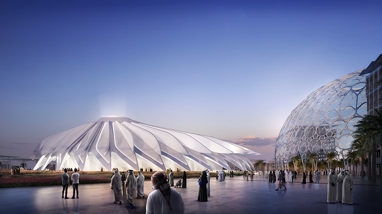 The UAE Pavilion at Expo 2020 has 28 carbon and glass-fiber movable wings as long as 65 m and weighing up to 18 tons. All are actuated and controlled by a sophisticated hydraulic system. | courtesy of Santiago Calatrava LLC