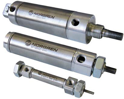 Norgren’s welded Roundline actuators are available in single- and double-acting versions with bore sizes spanning 8 mm to 63 mm and switch brackets that enable both standard M/50 reed switches and solid-state switches to be mounted on the outside of the barrel. They are also available in space-saving, corrosion-resistant stainless steel, high-temperature, non-rotating, guided, double-ended piston rod and ISO-6432-compliant versions and are in stock at Allied.