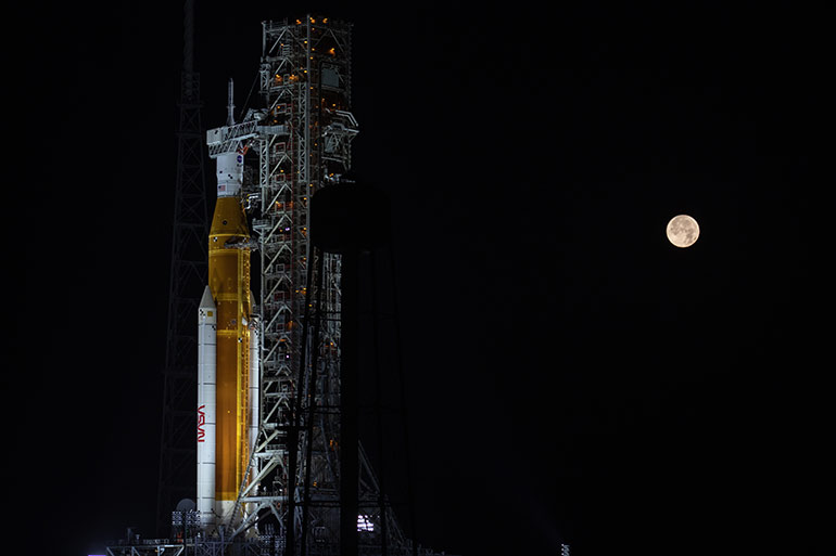 NASA relies on a massive crawler transporter to carry the Artemis I rocket and spacecraft from the vehicle assembly building to the launch pads at Kennedy Space Center. | courtesy of nasa