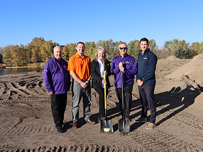 Pictured: Todd Lorsung (CFO), Rick Barger (COO), Mary Barger & Brad Barger (Founders & Board Members), Chase Marshall (CEO) pose for groundbreaking photo for Suburban Manufacturing's expansion.