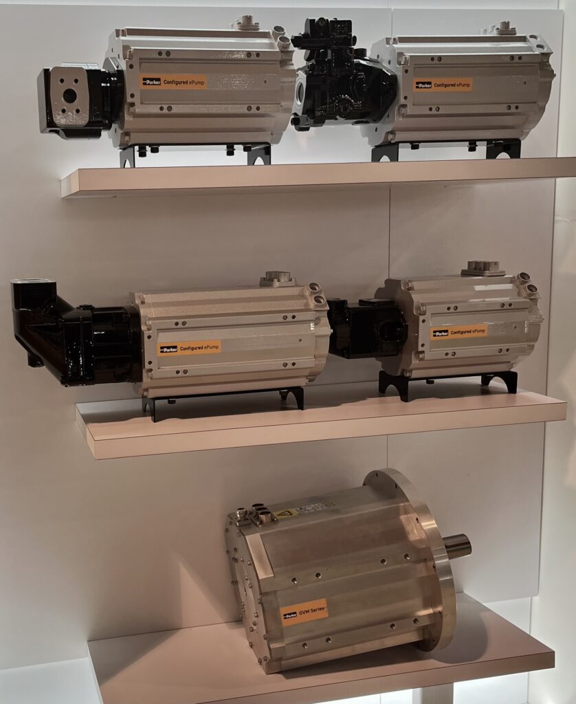 Five Parker Hannifin EHP Series with configured electric motor and hydraulic pump combinations at IFPE 2023.