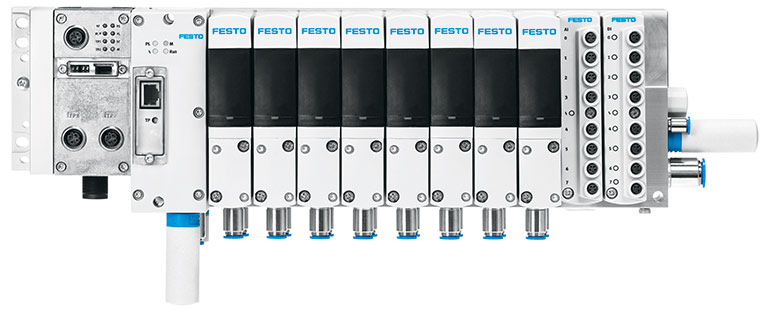 The Festo intelligent valve terminal VTEM showing the packaging of communication, processing power, sensors and pneumatic valves