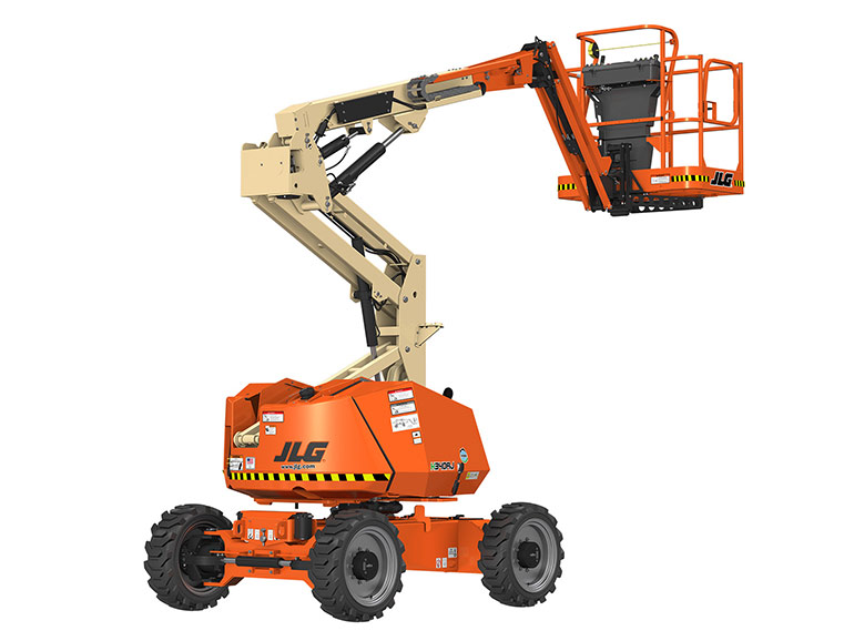 JLG’s H340AJ Electric boom is a series-type hybrid. It’s primarily powered by batteries and electric motors, with an on-board engine-powered generator charging the batteries. Image courtesy of JLG