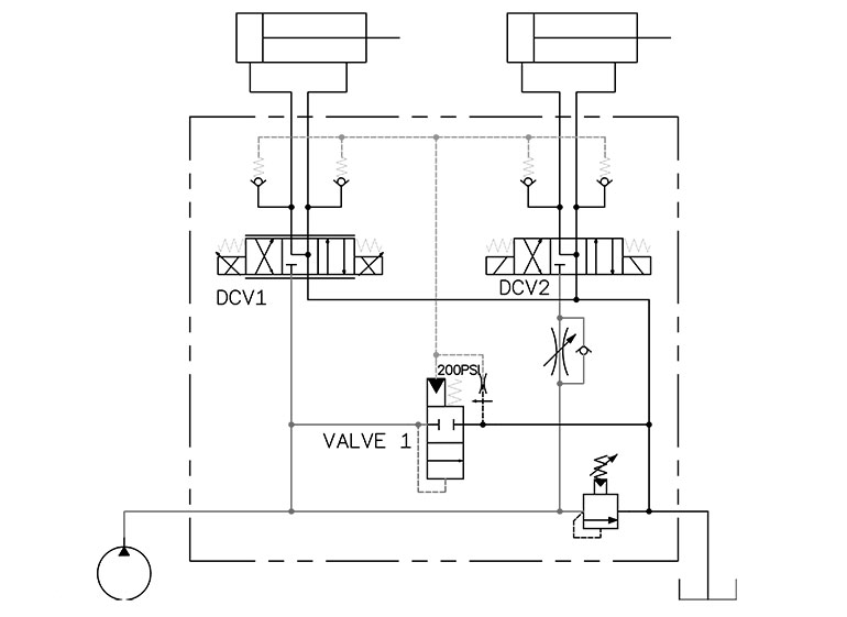 Figure 1. A sample circuit using load-sensing pressure compensators