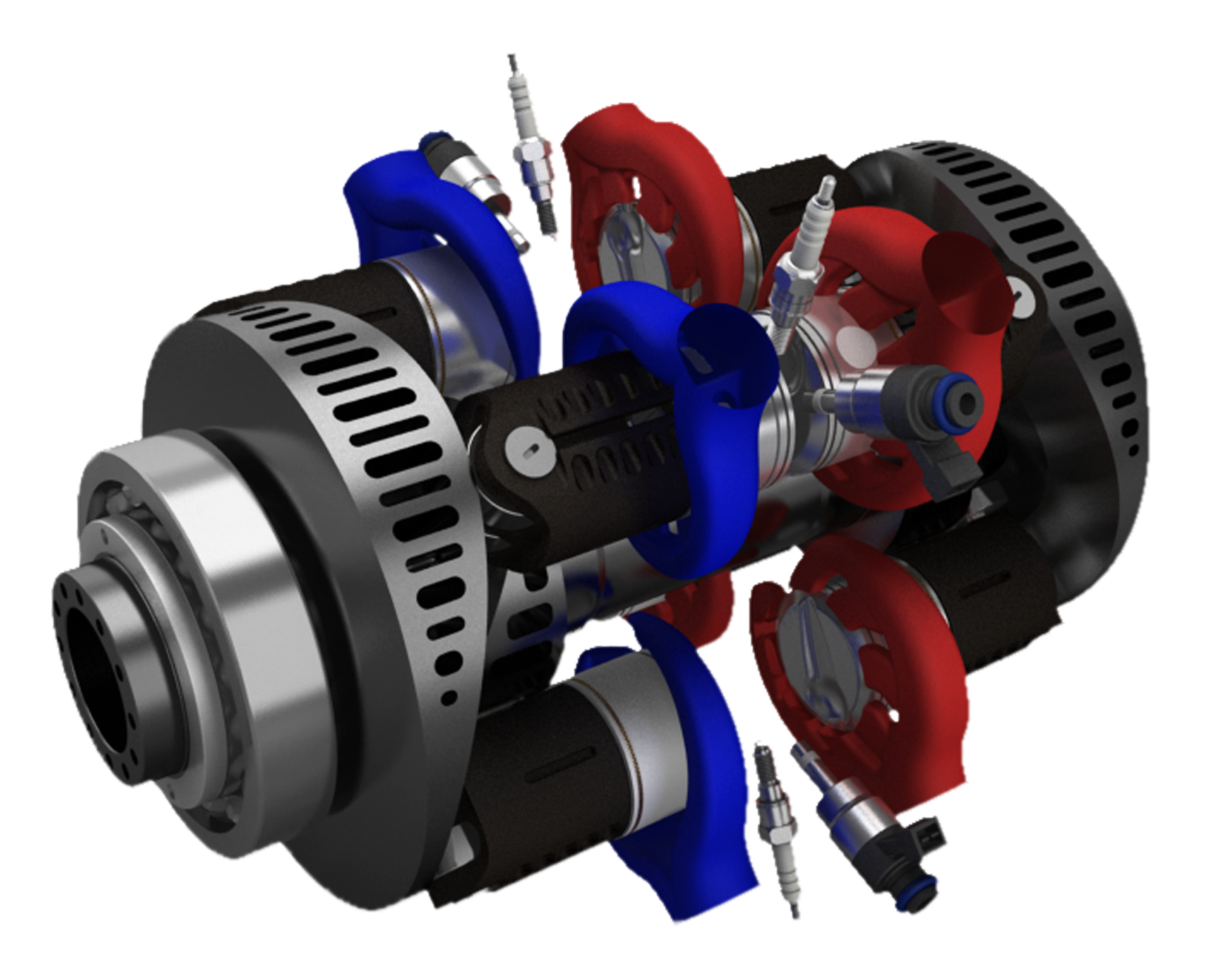 In INNengine's design, there are two identical/reciprocal cam-tracks whose profile defines the engine's cinematic and whose projection forms the main shaft which is hollow and split.