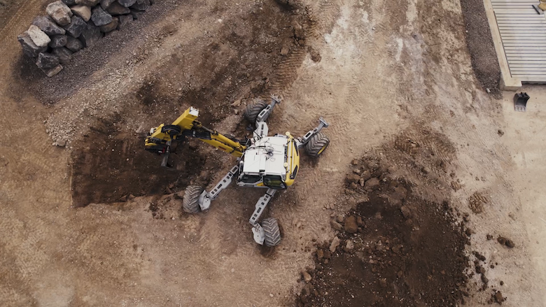 Drone view of an autonomous hydraulic excavator.