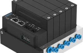 The world’s first proportional valve terminal, the VTEP, provides closed-loop control of moderate air flow on up to 10 channels. It is ultra compact, measuring less than five inches wide.