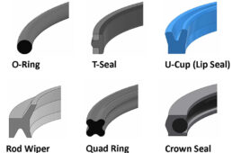 This image from Hercules Sealing Products showcases different hydraulic seal geometries, including O-rings, T-seals, U-cups (lip seals), rod wipers, quad rings, and crown seals. Each seal type is designed for specific applications, ensuring effective fluid containment, reduced friction, and extended equipment life in hydraulic systems. Selecting the right seal geometry is crucial for optimizing performance and preventing leaks in demanding environments.