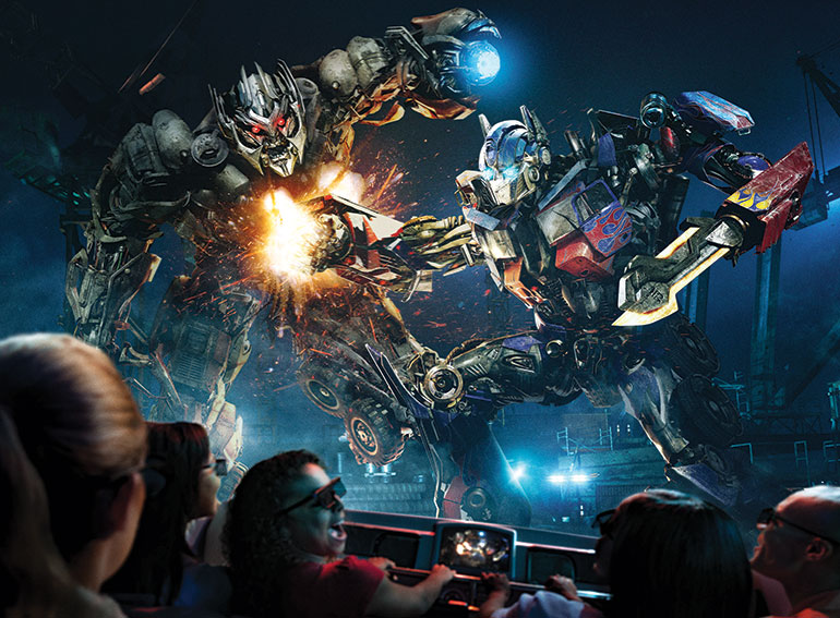 Transformers: The Ride – 3D is based on the popular Transformers films and created along with the award-winning director of the film series, Michael Bay. It features hydraulic motion control, 3D projections and track-mounted cars for up to twelve passengers.