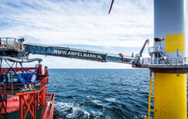 Here is an offshore access system (i.e., gangway) from Ampelmann, underpinned by a Moog 6 DOF motion base using electrohydrostatic actuation. The gangway allows personnel to transfer from a ship to, for example, an offshore wind turbine in seas up to 3m Hs. Because of its full motion compensation, there is no movement in the gangway during operation, resulting in a safe way to transfer workers. The gangway can transfer 20 people in under five minutes from a vessel to a fixed or floating object. Also attached a close-up photo of the Moog 6 DOF.