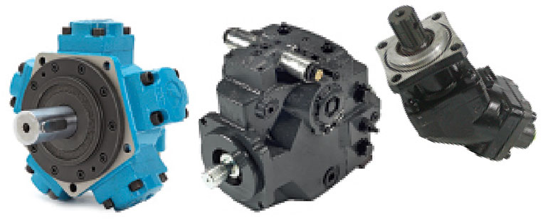 Left to right: Radial, axial and bent axis piston pumps