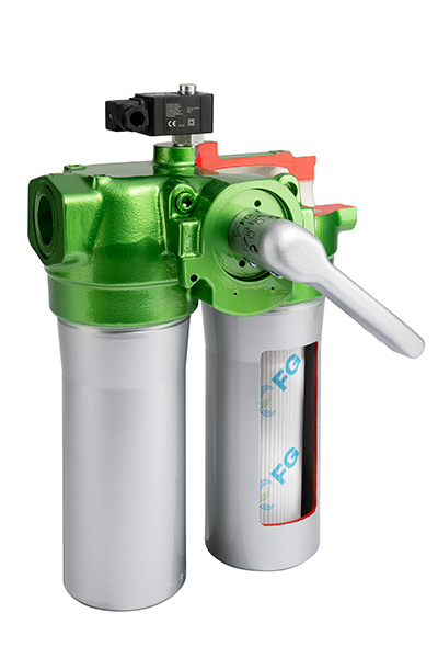 Compact duplex filter housing with one-handed operation and maintenance indicator. Image courtesy Filtration Group Corp., Industrial Technologies Div.