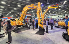 Although mobile machines are becoming more electrified and digital through modern controls, the power density of hydraulics means it's not going anywhere anytime soon, as seen by all the hydraulic cylinders and hoses on these machines from Komatsu. Image by Mary Gannon