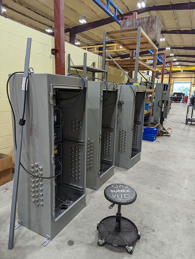 PLCs stand ready for wiring at CFI’s Texas facility before shipment to the AEOS Dome job site in Hawaii.