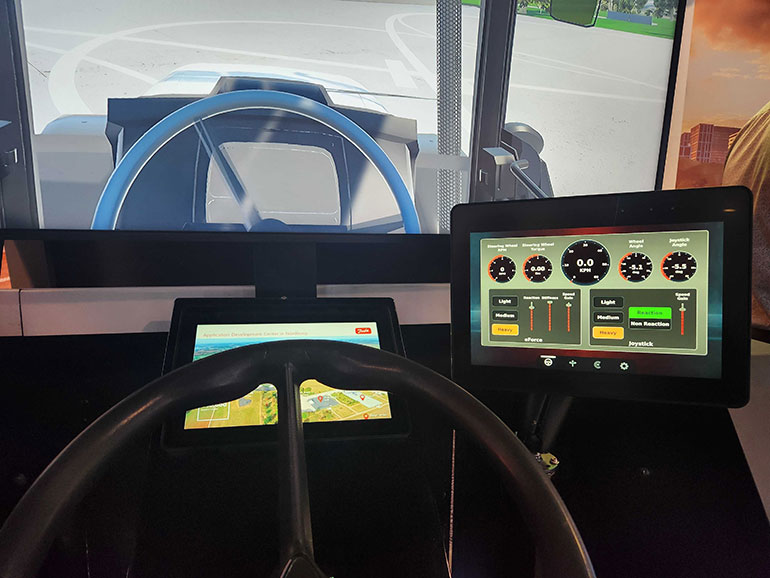 danfoss demonstrated a new electric steering unit that ties directly to the steering wheel and can also connect to its electrohydraulic steering unit.