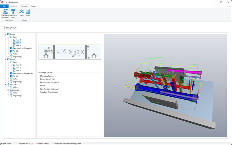 Paro's HydroCam software simplifies hydraulic manifold design. Here, a screenshot shows clamping functions.