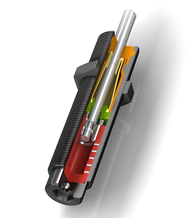 Due to a hermetically sealed rolling diaphragm in each absorber, ACE’s MC150 to MC600 product family is suitable for an exceptional high lifetime of use with up to 25 million cycles. Image courtesy of ACE