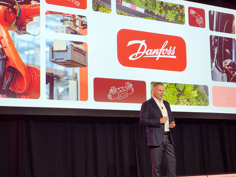 Daniel Winter, president of Danfoss Power Solutions, opens the presentations to the nearly 1,000 attendees at its Danfoss Distributor Meeting in Phoenix earlier this month.