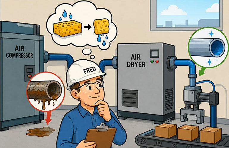 To keep the air free of water it must be dried. There are various choices of dryers, some better than others. Choose your type wisely to save energy.