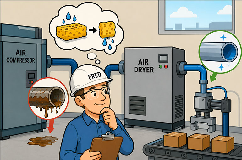 To keep the air free of water it must be dried. There are various choices of dryers, some better than others. Choose your type wisely to save energy.